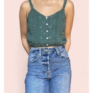 American Eagle Crop Top Women’s Size M Green  Embroidery Spaghetti Strap Button
